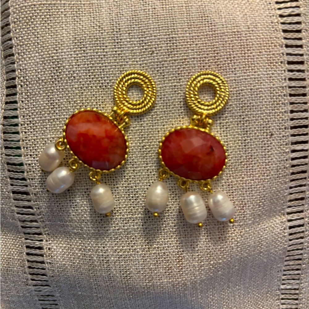 Elegant Gold and Red Dangle Earrings